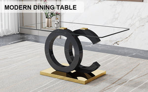 English Elm Large Tempered Glass Rectangular Dining Table Seats Six with Matte Black Metal Frame W1151S04299