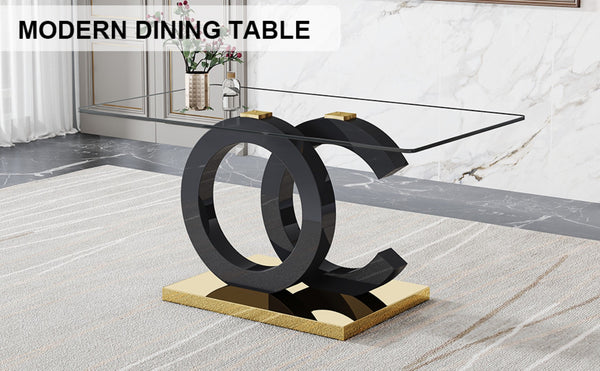 English Elm Large Tempered Glass Rectangular Dining Table Seats Six with Matte Black Metal Frame W1151S04299