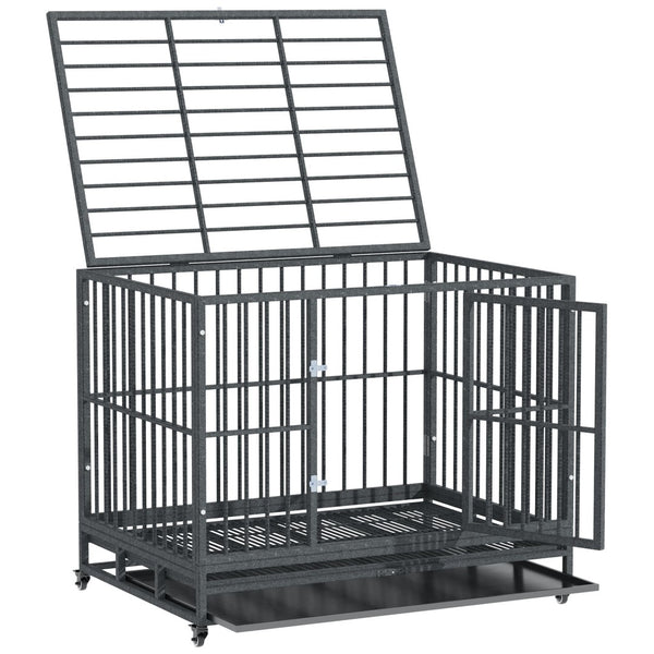 English Elm Pawhut Welded Steel Dog Kennel with Lockable Casters Dual Entry and Removable Tray W2225P166303
