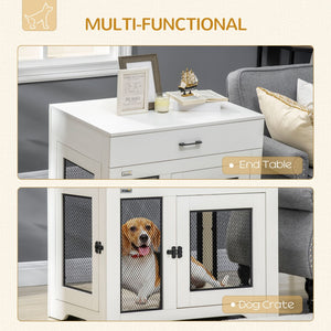 English Elm Pawhut Pet Crate End Table with Drawer Cushion Small Dog Kennel Furniture White W2225P166312