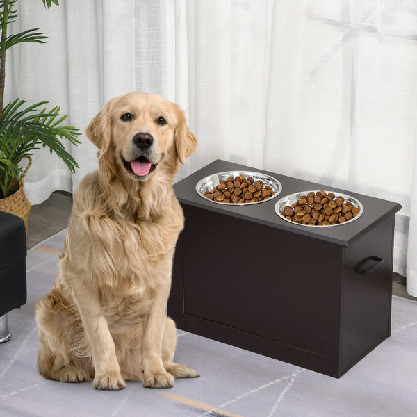 English Elm PawHut Elevated Pet Feeding Station with Storage, Removable Stainless Bowls, Ergonomic Height for Large Dogs Brown W2225P166296