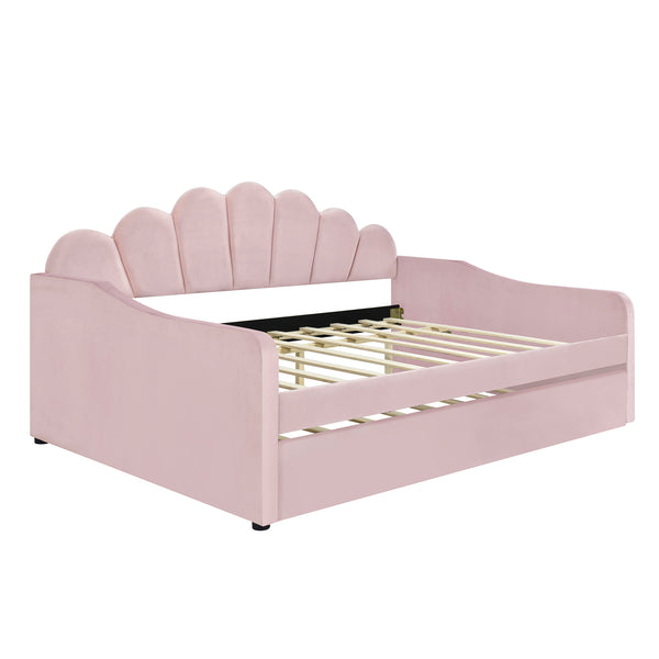 English Elm Full Full Size Upholstery Daybed Frame with Shell Backrest and Pull-Out Trundle, Velvet Elegance Pink DL001826AAH