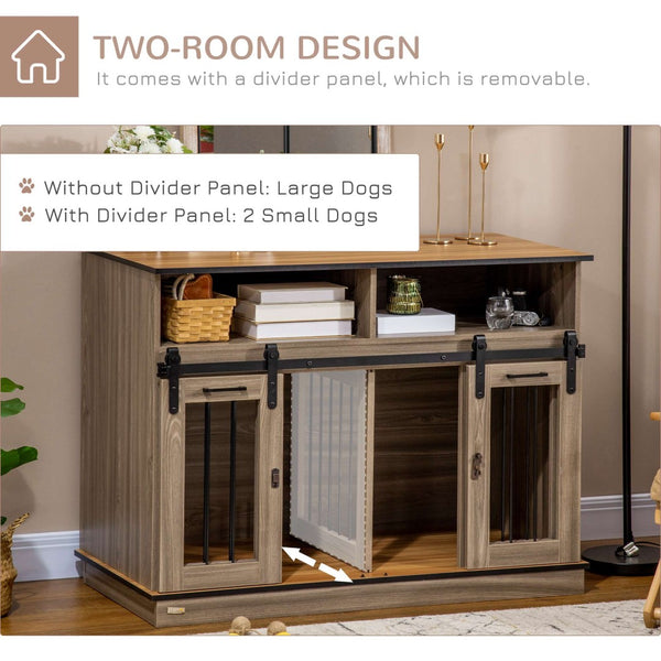 English Elm Pawhut Oak Finish Dog Kennel End Table with Divider for Living Room Decor W2225P166309