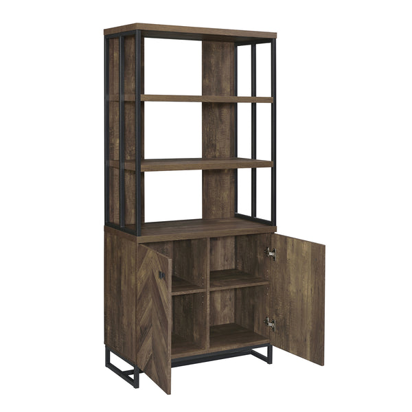 English Elm 2-Door Rustic Oak Herringbone Bookcase with Gunmetal Frame, 3 Open Shelves & Adjustable Cabinet Storage B016P164972