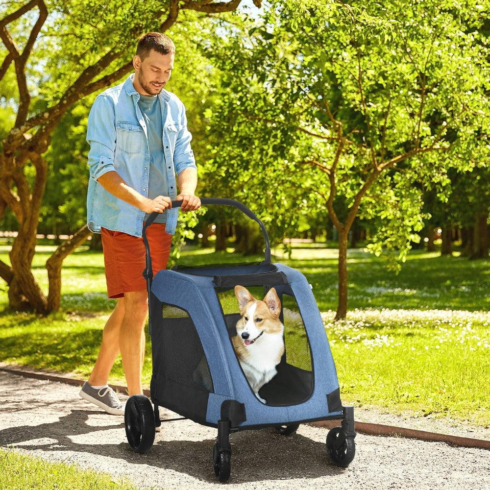 English Elm Pawhut Ventilated Pet Stroller For Medium Dogs - Foldable, Durable, With Storage Basket, Blue Design W2225P166285-GIGA