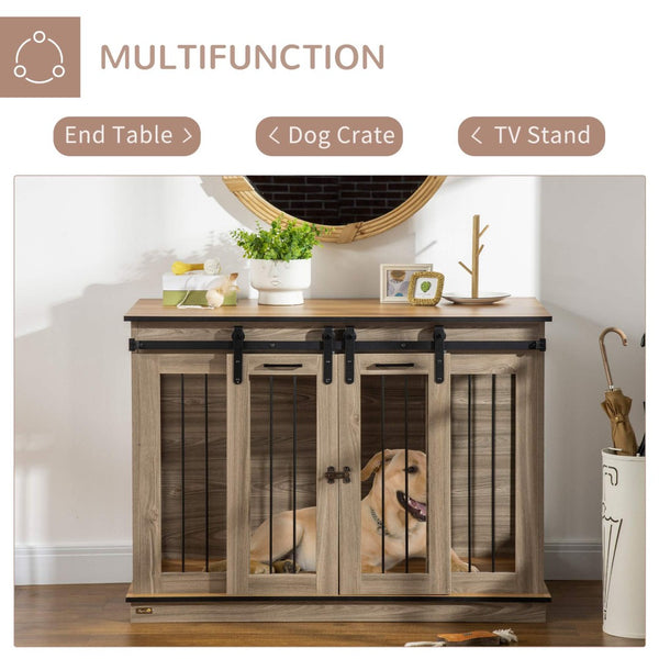 English Elm Pawhut Oak Finish Dog Kennel End Table with Divider for Living Room Decor W2225P166306