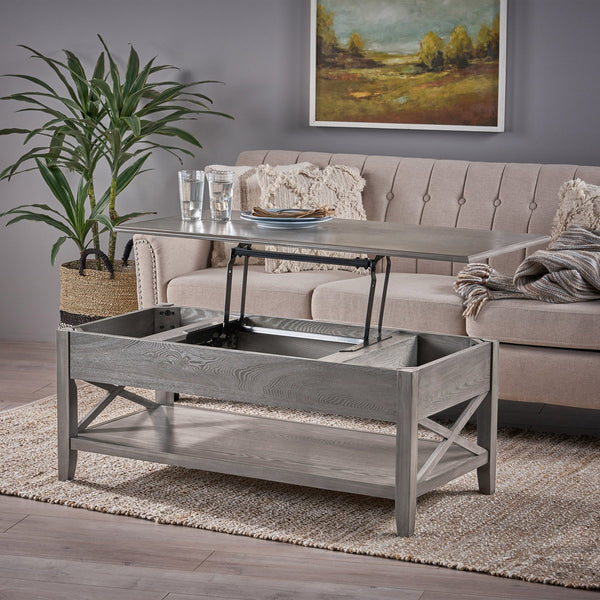 English Elm Christopher Knight Home® - COFFEE Lift-Top Farmhouse Coffee Table with Hidden Storage, X-Side Supports, Veneer Finish, Rustic Elegance Grey 64520.00