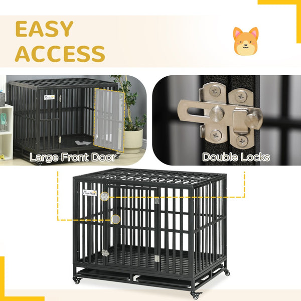 English Elm Pawhut Welded Steel Dog Kennel with Lockable Wheels Slide Out Tray and Safe Floor W2225P166304