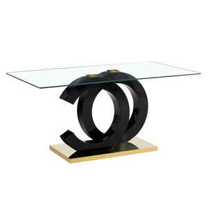 English Elm Large Tempered Glass Rectangular Dining Table Seats Six with Matte Black Metal Frame W1151S04299