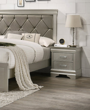 English Elm 1pc Modern Glam Nightstand with 2 Drawers, Champagne Solid Wood Finish, Crystal Tufted Croc Texture B01181332