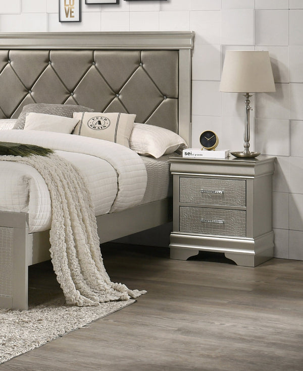 English Elm 1pc Modern Glam Nightstand with 2 Drawers, Champagne Solid Wood Finish, Crystal Tufted Croc Texture B01181332