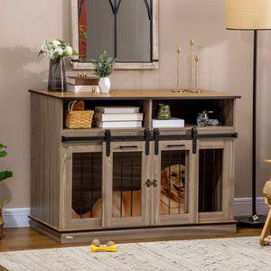English Elm Pawhut Oak Finish Dog Kennel End Table with Divider for Living Room Decor W2225P166309