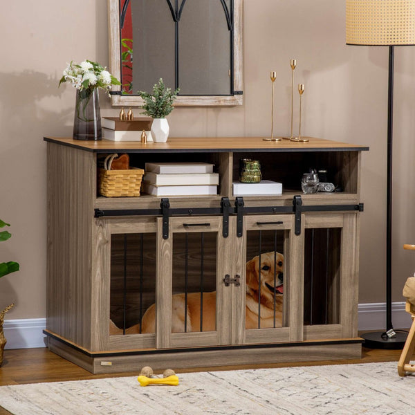 English Elm Pawhut Oak Finish Dog Kennel End Table with Divider for Living Room Decor W2225P166309