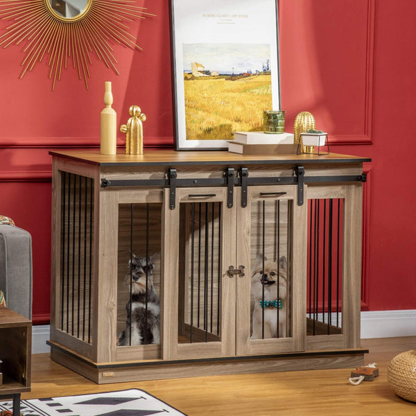 English Elm Pawhut Oak Finish Dog Kennel End Table with Divider for Living Room Decor W2225P166306