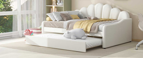 English Elm Full Full Size Upholstery Daybed Frame with Shell Backrest and Pull-Out Trundle, Velvet Elegance White DL001826AAA