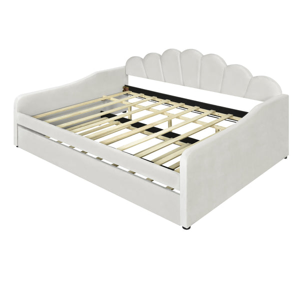 English Elm Full Full Size Upholstery Daybed Frame with Shell Backrest and Pull-Out Trundle, Velvet Elegance White DL001826AAA