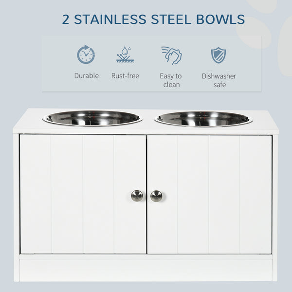 English Elm PawHut Elevated Dog Bowl Stand with 44L Storage Cabinet, Magnetic Doors, Stainless Bowls, White W2225P166297