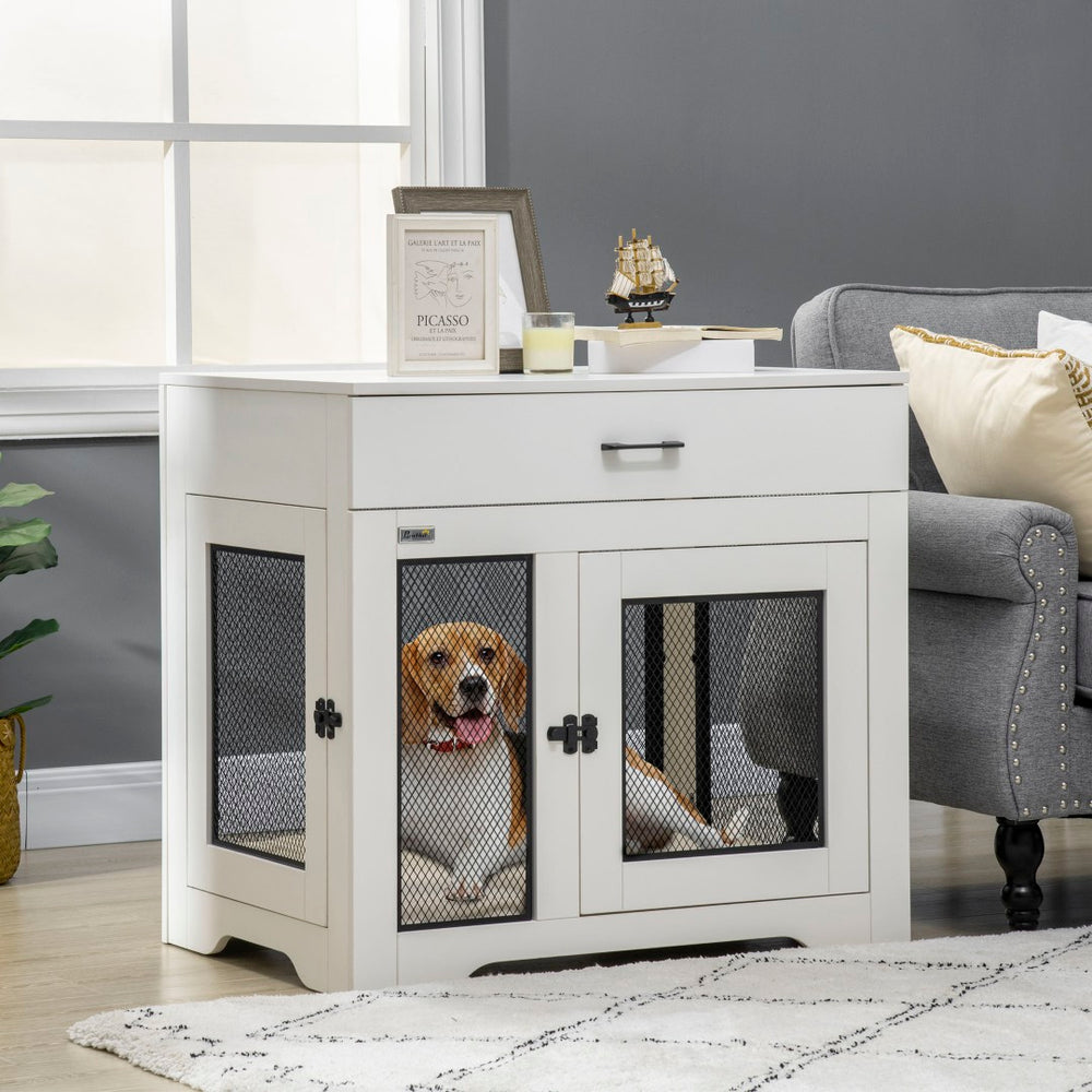 English Elm Pawhut Pet Crate End Table with Drawer Cushion Small Dog Kennel Furniture White W2225P166312