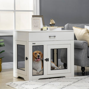 English Elm Pawhut Pet Crate End Table with Drawer Cushion Small Dog Kennel Furniture White W2225P166312