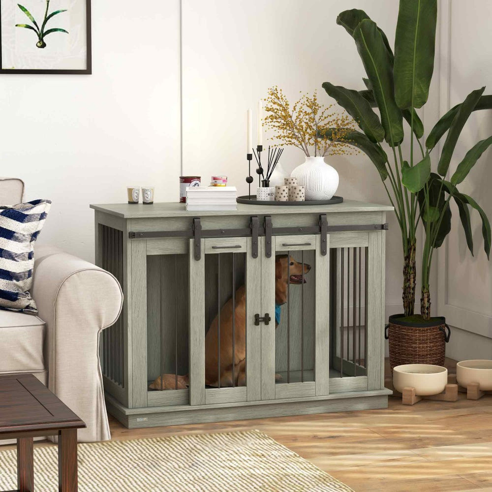 English Elm Pawhut Oak Finish Dog Kennel End Table with Divider for Living Room Decor W2225P166307