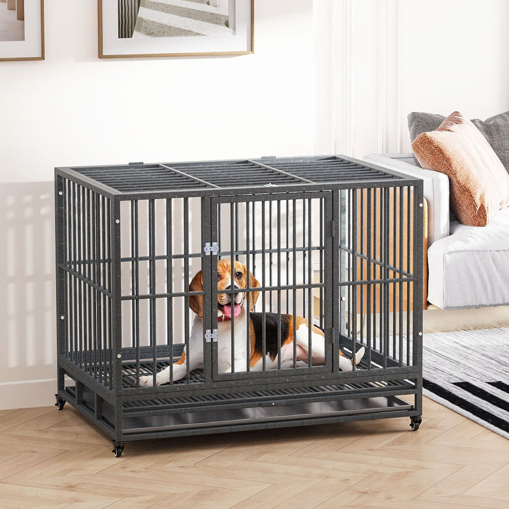 English Elm Pawhut Welded Steel Dog Kennel with Lockable Casters Dual Entry and Removable Tray W2225P166303
