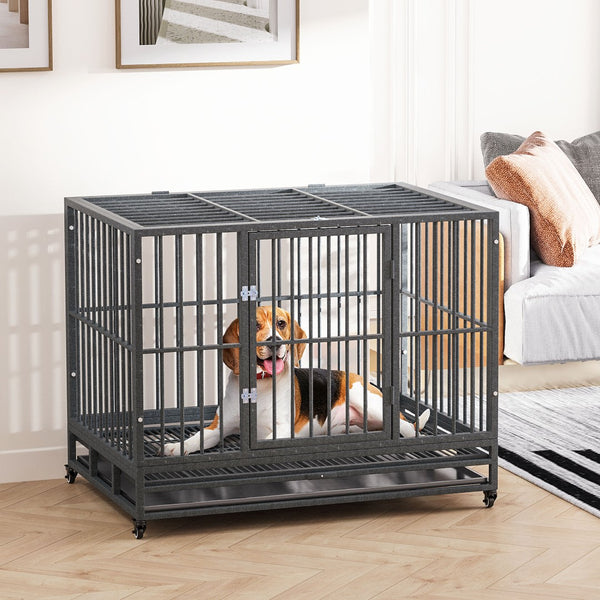 English Elm Pawhut Welded Steel Dog Kennel with Lockable Casters Dual Entry and Removable Tray W2225P166303