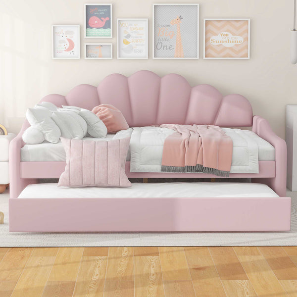 English Elm Full Full Size Upholstery Daybed Frame with Shell Backrest and Pull-Out Trundle, Velvet Elegance Pink DL001826AAH