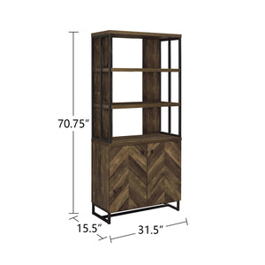 English Elm 2-Door Rustic Oak Herringbone Bookcase with Gunmetal Frame, 3 Open Shelves & Adjustable Cabinet Storage B016P164972