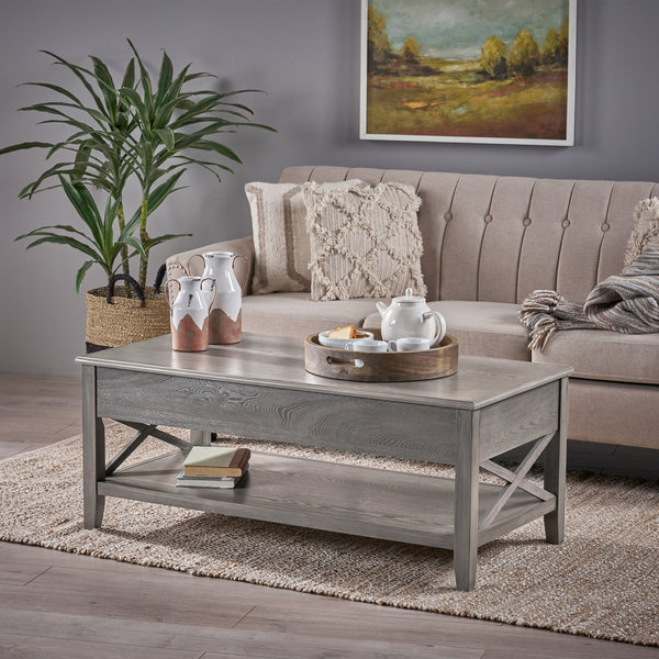 English Elm Christopher Knight Home® - COFFEE Lift-Top Farmhouse Coffee Table with Hidden Storage, X-Side Supports, Veneer Finish, Rustic Elegance Grey 64520.00
