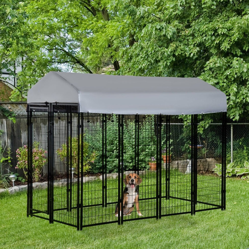 English Elm Pawhut Outdoor Steel Dog Kennel with Canopy Lockable Gate for Large Breeds W2225P166319
