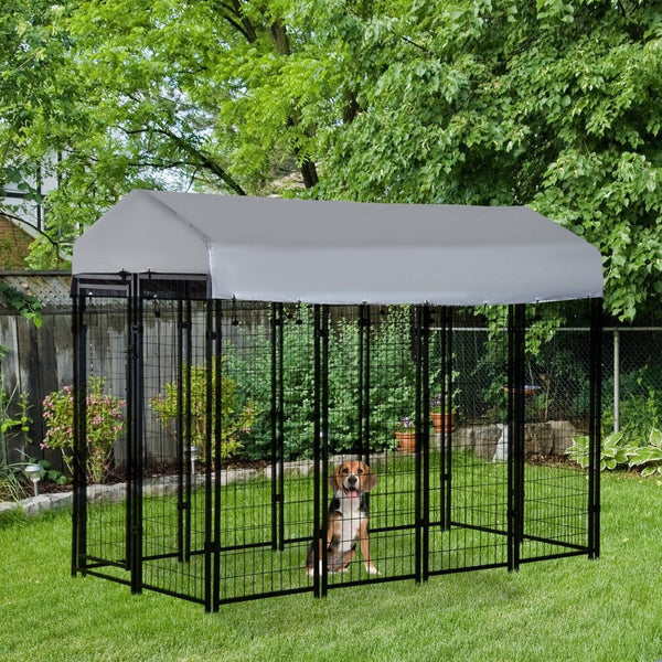 English Elm Pawhut Outdoor Steel Dog Kennel with Canopy Lockable Gate for Large Breeds W2225P166319