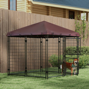English Elm Pawhut Walk-in Steel Dog Kennel Outdoor with Canopy and Rotating Bowl Holders W2225P166323