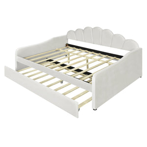 English Elm Full Full Size Upholstery Daybed Frame with Shell Backrest and Pull-Out Trundle, Velvet Elegance White DL001826AAA