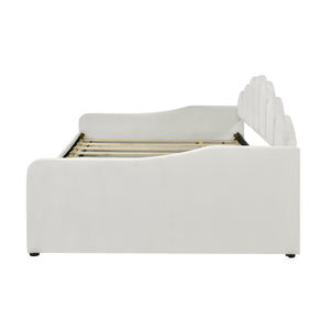 English Elm Full Full Size Upholstery Daybed Frame with Shell Backrest and Pull-Out Trundle, Velvet Elegance White DL001826AAA