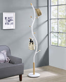 Modern Arles Metal Standing Coat Rack with 9 Hooks, White Finish and Oak Accents, 11