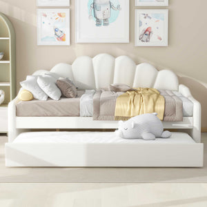 English Elm Full Full Size Upholstery Daybed Frame with Shell Backrest and Pull-Out Trundle, Velvet Elegance White DL001826AAA