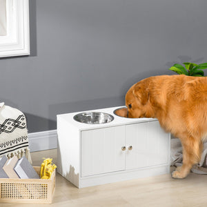 English Elm PawHut Elevated Dog Bowl Stand with 44L Storage Cabinet, Magnetic Doors, Stainless Bowls, White W2225P166297