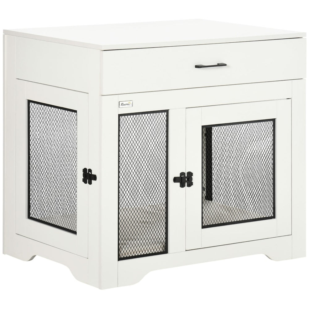 English Elm Pawhut Pet Crate End Table with Drawer Cushion Small Dog Kennel Furniture White W2225P166312