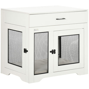 English Elm Pawhut Pet Crate End Table with Drawer Cushion Small Dog Kennel Furniture White W2225P166312