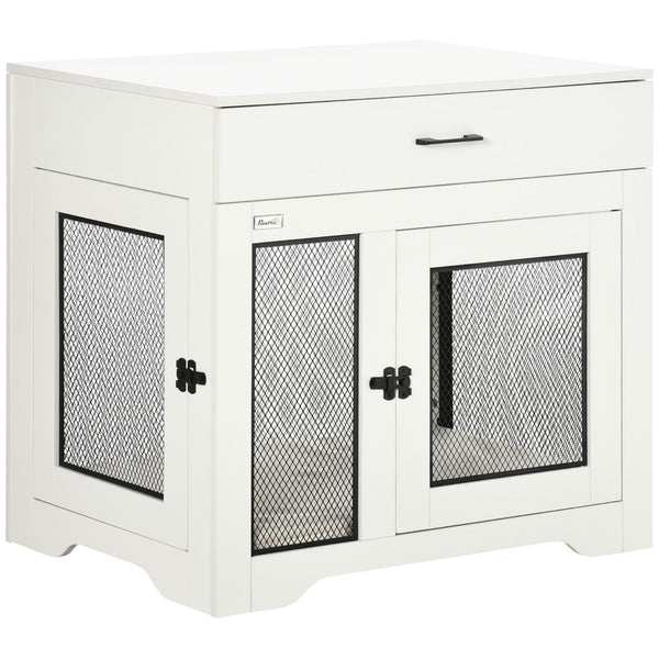 English Elm Pawhut Pet Crate End Table with Drawer Cushion Small Dog Kennel Furniture White W2225P166312