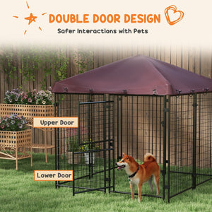 English Elm Pawhut Walk-in Steel Dog Kennel Outdoor with Canopy and Rotating Bowl Holders W2225P166323