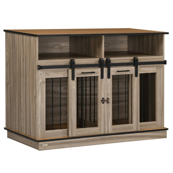 English Elm Pawhut Oak Finish Dog Kennel End Table with Divider for Living Room Decor W2225P166309