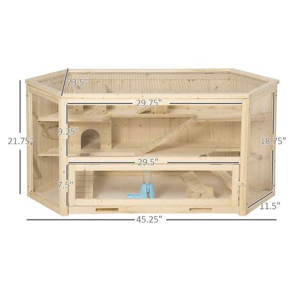 English Elm Pawhut Three Tier Natural Wood Small Animal Habitat with Seesaws Huts and Activity Center W2225P166267
