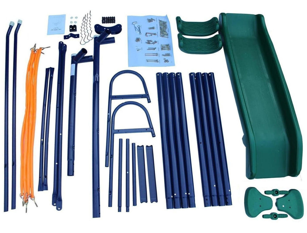 English Elm 3 in 1 Kids Outdoor Swing Set Steel A-frame with Belt Glider and Slide W140860515