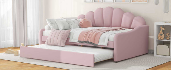 English Elm Full Full Size Upholstery Daybed Frame with Shell Backrest and Pull-Out Trundle, Velvet Elegance Pink DL001826AAH