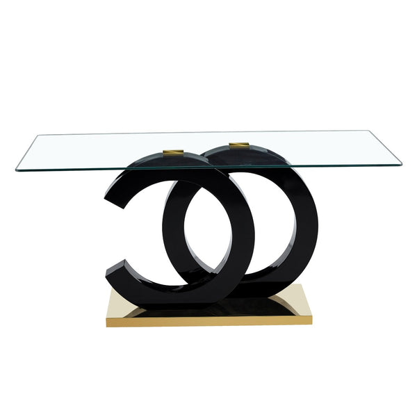 English Elm Large Tempered Glass Rectangular Dining Table Seats Six with Matte Black Metal Frame W1151S04299
