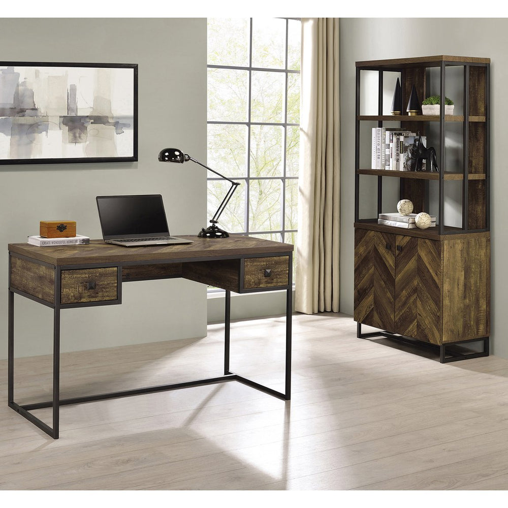 English Elm 2-Door Rustic Oak Herringbone Bookcase with Gunmetal Frame, 3 Open Shelves & Adjustable Cabinet Storage B016P164972