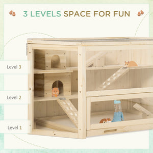 English Elm Pawhut Three Tier Natural Wood Small Animal Habitat with Seesaws Huts and Activity Center W2225P166267