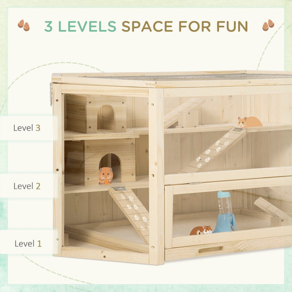 English Elm Pawhut Three Tier Natural Wood Small Animal Habitat with Seesaws Huts and Activity Center W2225P166267