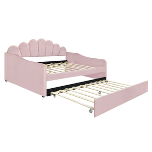 English Elm Full Full Size Upholstery Daybed Frame with Shell Backrest and Pull-Out Trundle, Velvet Elegance Pink DL001826AAH
